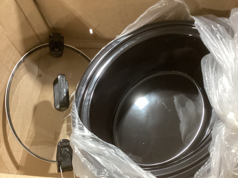 Condition photo showing As Is for damaged crock-pot 7-quart slow cooker, portable programmable with timer, locking lid, stainless steel; an essential kitchen appliance, perfect for families and gatherings