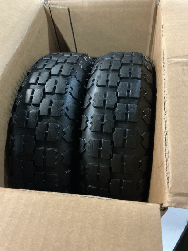 Condition photo showing Good Condition for set of 2 4.10/3.50-4 tire and inner tube, premium rubber wheelbarrow replacement parts for hand truck lawn mower dollies wagon dolly trailers go kart