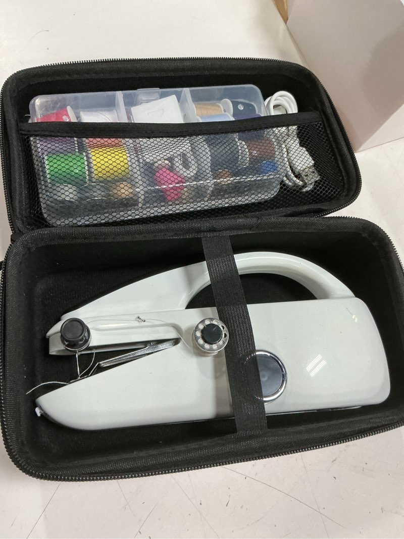 Condition photo showing Good Condition for handheld sewing machine, two-speed portable mini sewing machine for beginners, electric handheld sewing machine with red case & accessories. diy home & travel sewing kit for adults. white