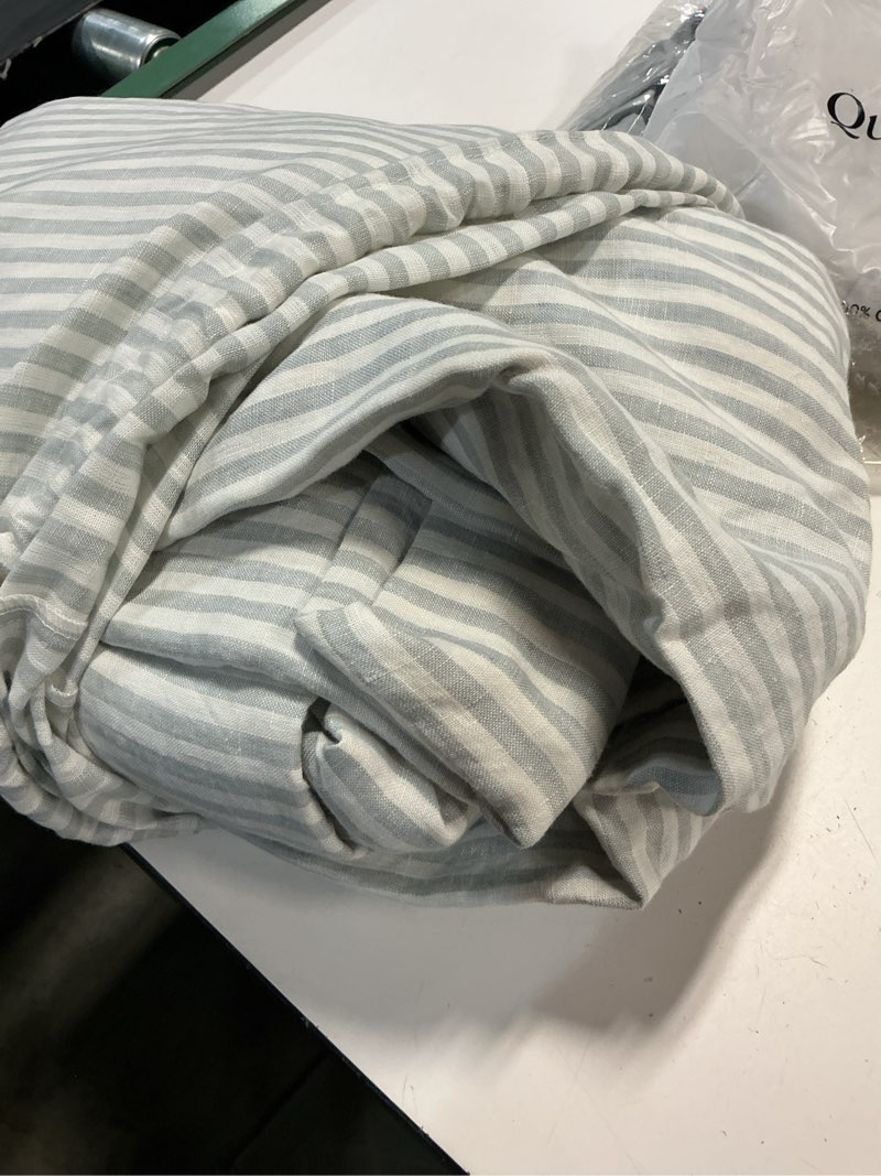 Condition photo showing As Is for european linen deluxe bedding bundle, queen, mist/white stripe