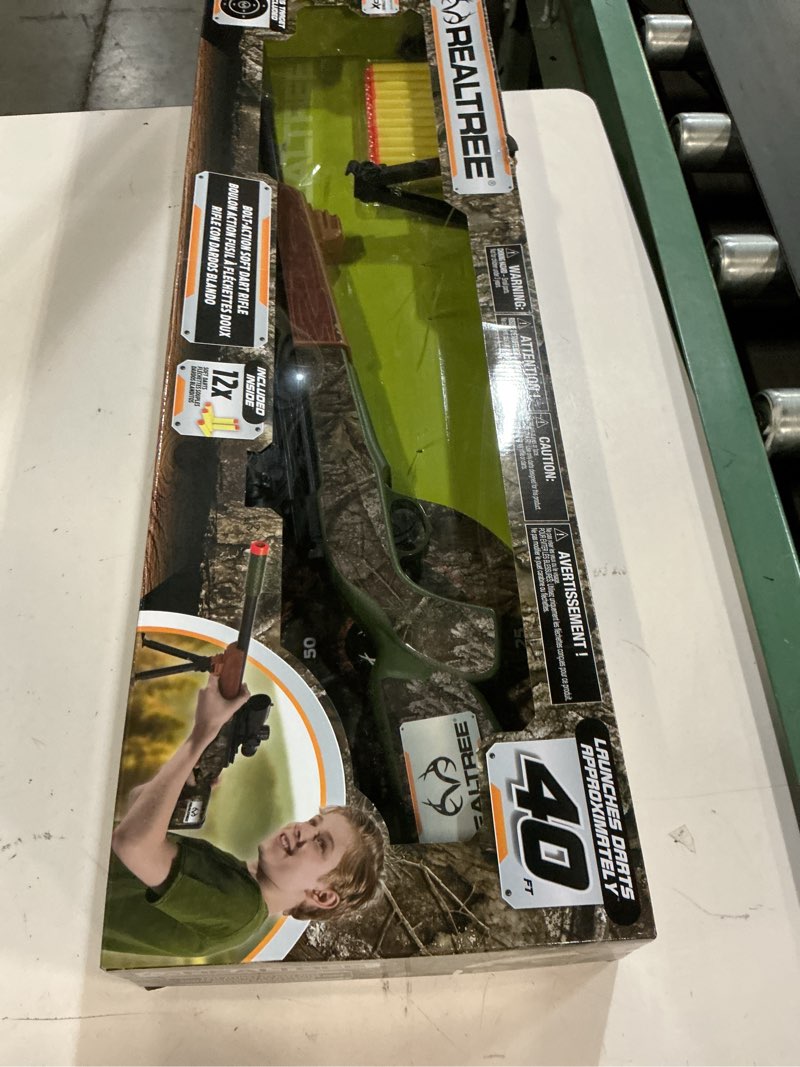Condition photo showing As Is for nkok realtree: soft dart hunting rifle - green - kids toy, bolt action shoots up to 40 feet, includes 12 soft darts & practice target, ages 6+