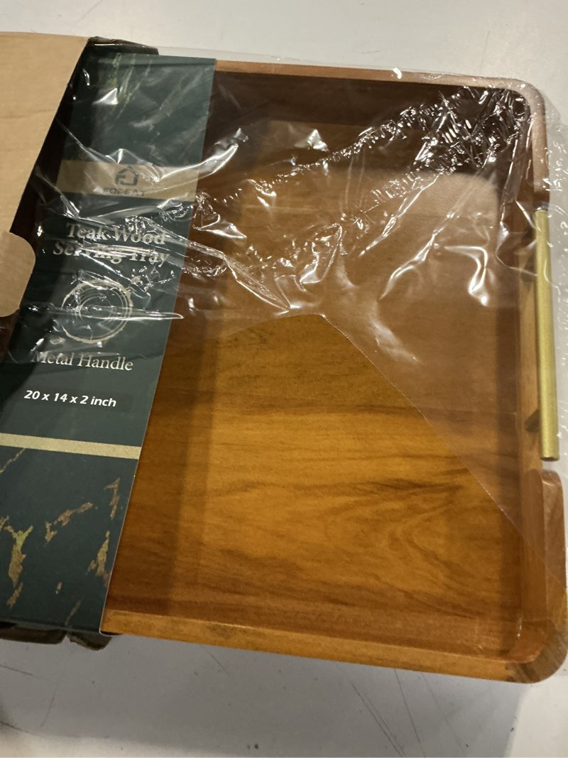 Condition photo showing Good Condition for solid teak wood serving tray with handles, 20"x14"x2" large ottoman tray for living room kitchen party, decorative rustic rectangular tray for home coffee table breakfast dinner bar 20" x 14" x 2"