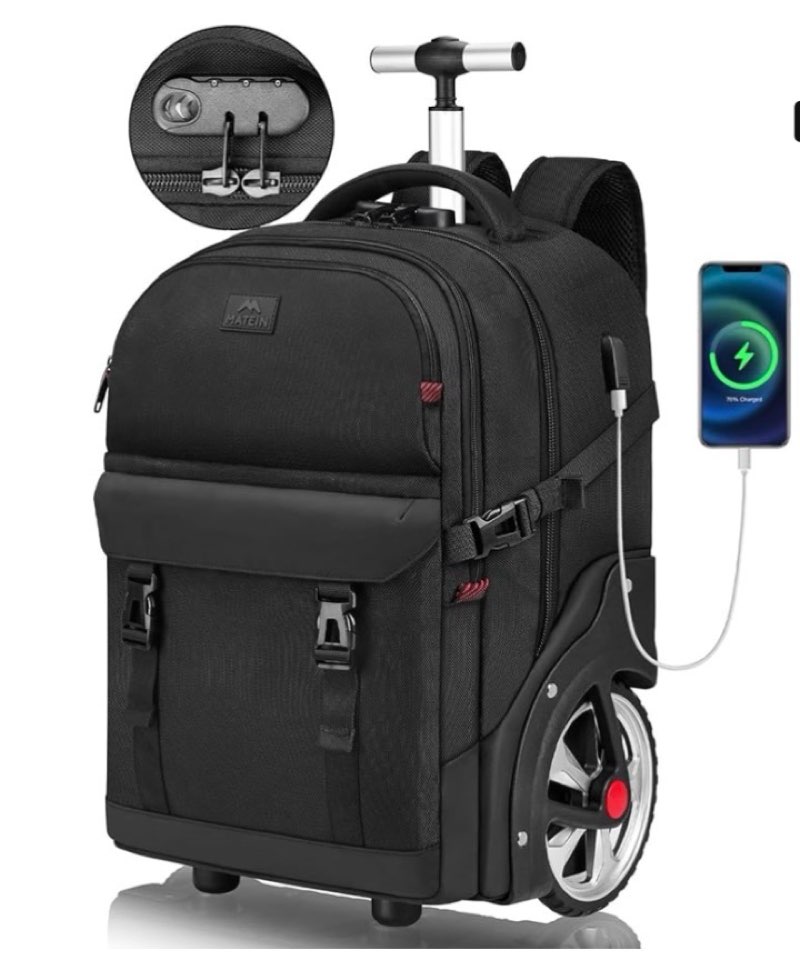 MATEIN Rolling Backpack for Men with Wheels, 17 Inch Large Wheeled Backpack with USB Charging Port & Combination Lock, Water Resistant Anti Theft Travel Laptop Backpack for Adults Work Business, Black