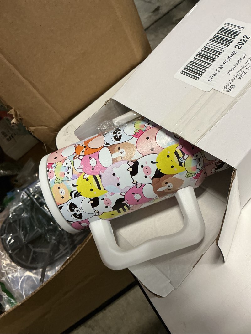 Condition photo showing Good Condition for Colorful Squishy Tumbler with Handle 24 Oz, Insulated Stainless Steel Cartoon Animals Print Coffee Mug Cup, Squish Toy Lovers Gifts for Women Girls Cute Animal