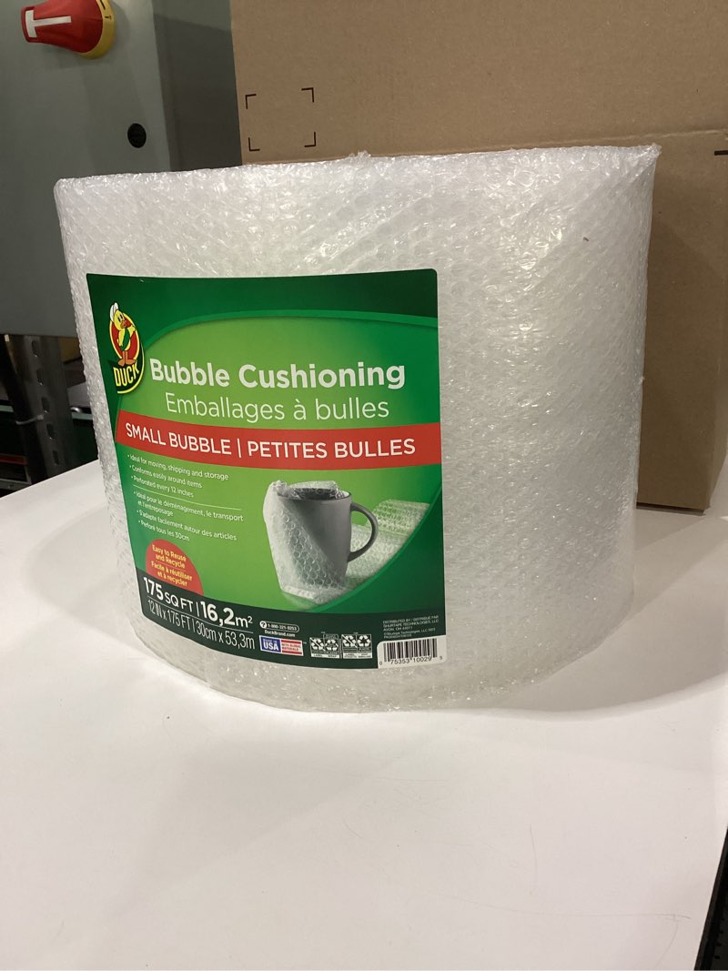 Condition photo showing New/Like New for Duck Brand Small Bubble Cushioning Wrap for Moving & Shipping - 175 FT Bubble Packing Wrap for Extra Protection Packaging Boxes & Mailers - Clear Bubble Roll Moving Supplies, Perforated Every 12 IN 12 in. x 175 ft.