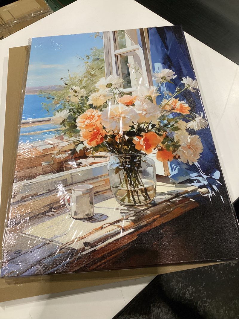 Condition photo showing Good Condition for Beach Flowers Bathroom Wall Art Ocean Theme Wall Decor Windowsill Flower Picture Canvas Print Floral Painting Coastal Seascape Artwork for Bedroom Office Decoration 16"x24"inch 24"L x 16"W Beach & Flowers A