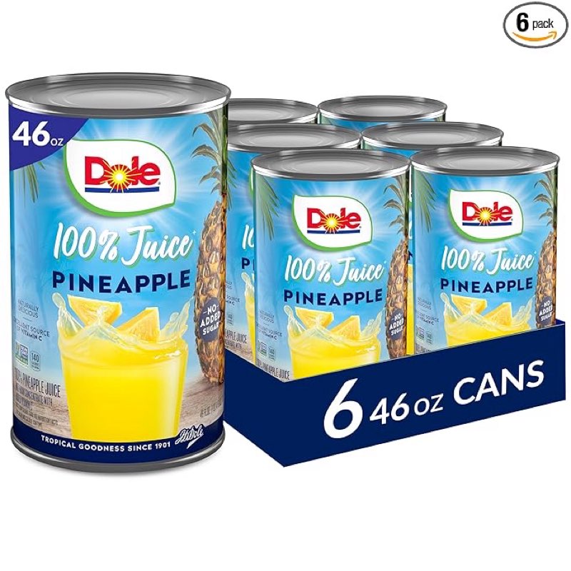 (BBD 08/2026). Dole 100% Juice, Pineapple, 46 Ounce Cans (Pack of 6)