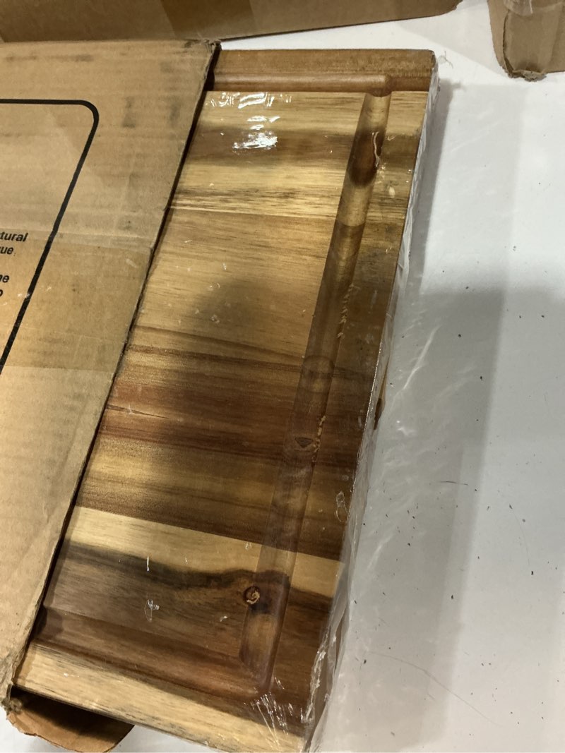 Condition photo showing Good Condition for acacia wood cutting board (17x13x1.5in) and wooden butcher block, chopping board - reversible multipurpose for meat, cheese board, vegetables, bread...with juice groove, cracker holder & inner handles 17"l x 13"w