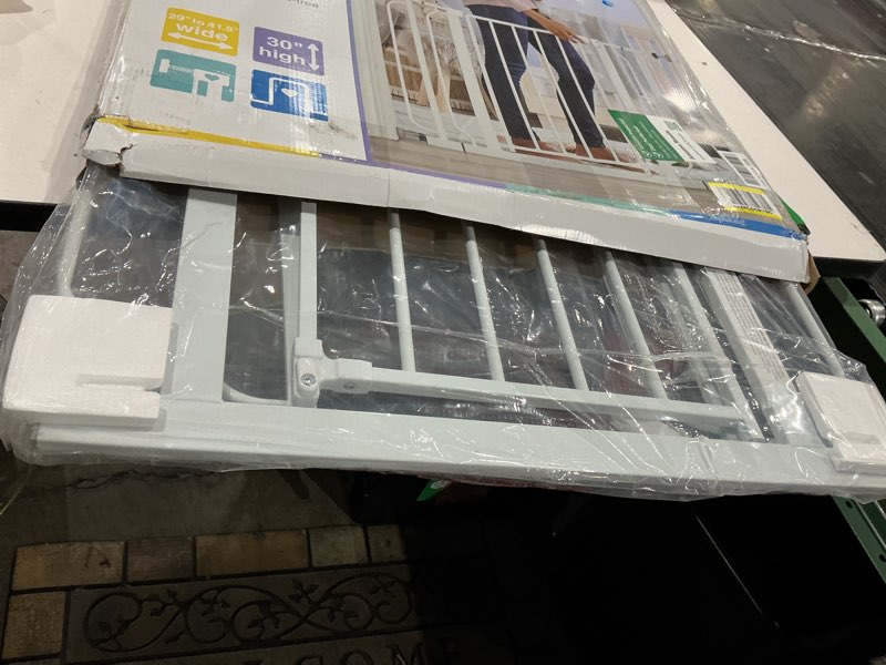 Condition photo showing Good Condition for regalo safety 29-38.5" baby gate for doorways & bottom of stairs, pressure mounted baby gate with door for babies, toddlers & pets, tested & safe for 30 years, american designed, american owned, white white 29-38.5"w x 30"h