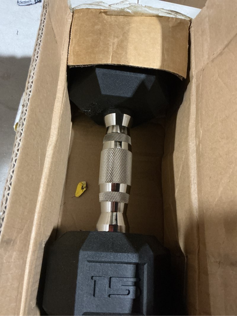 Condition photo showing As Is for cap barbell coated hex dumbbell weight - single | 10-120 lbs | multiple options chrome handle 15 lb