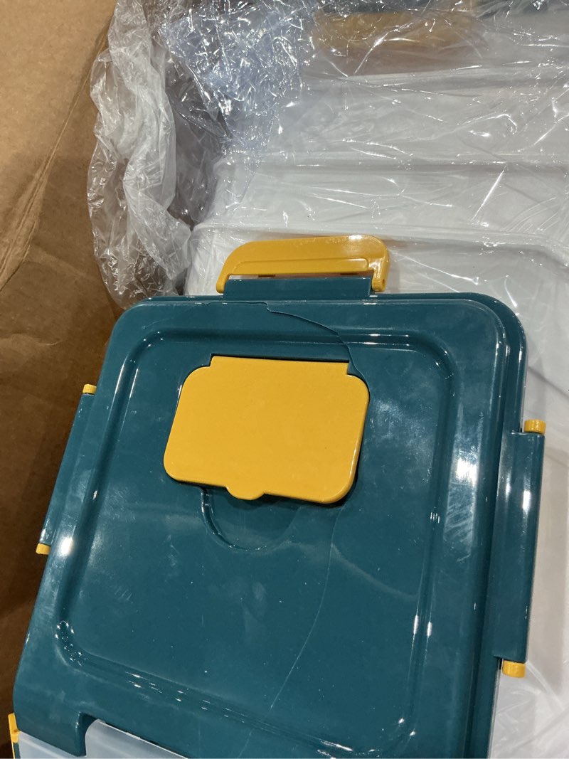Condition photo showing As Is for yxq 25lb large flour storage container bin,4 pack airtight plastic with wheels seal locking lid dispenser organizer storage bin with measuring cup & scoop for flour, rice, grain 100lbs total blue/30lbs,4counts