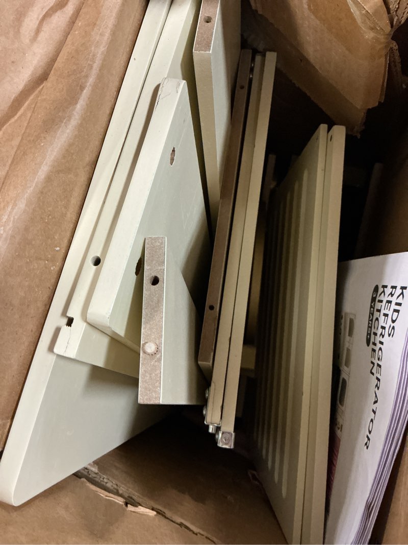 Condition photo showing As Is for Play Kitchen for Toddlers with Felt Storage Boxes & Range Hook, Wooden Kids Kitchen Playset with Oven, Microwave, Ice Maker, Toy Kitchen Set with Coffee Maker for Girls & Boys Age 3+, Pink Curtains