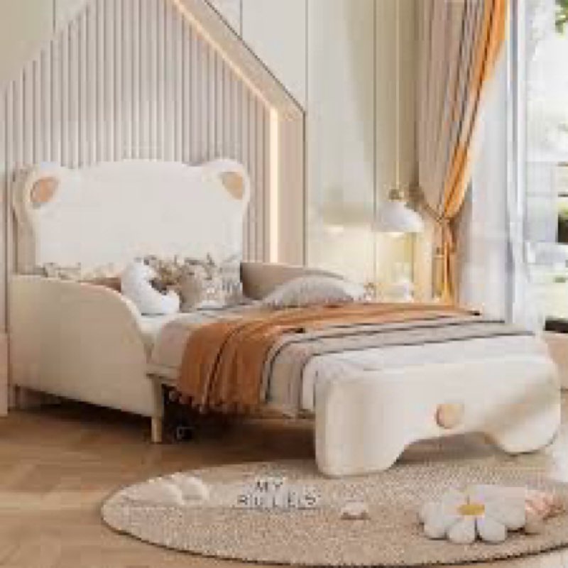 Upholstered Stretchable Vaulted Sofa Bed, Bear Shaped Headboard, Beige