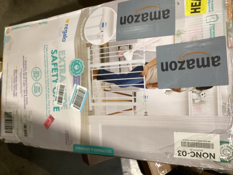 Condition photo showing Good Condition for regalo safety 29-38.5" baby gate for doorways & bottom of stairs, pressure mounted baby gate with door for babies, toddlers & pets, tested & safe for 30 years, american designed, american owned, white white 29-38.5"w x 30"h