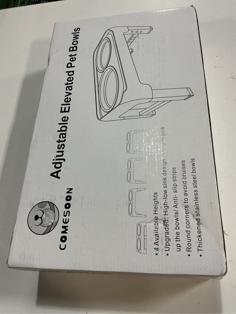 Condition photo showing New/Like New for COMESOON Elevated Dog Bowls, 4 Height Adjustable Raised Bowl Stand with 2 Thick 50oz Stainless Steel Food Bowls Non-Slip Feeder Adjusts to 3.7'', 9.2'', 10.75'', 12.36'' Black, (DB-W01) Black 8" for Medium Dogs