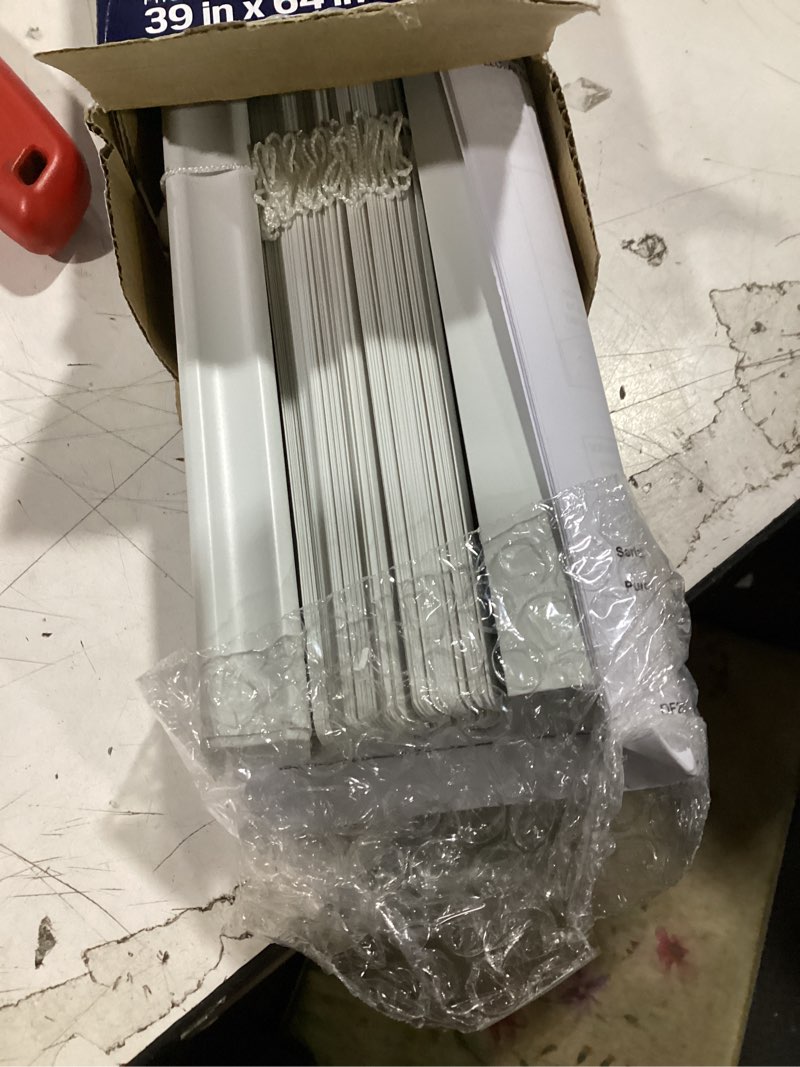 Condition photo showing As Is for project source light filtering 1-in slat width 39-in x 64-in cordless white vinyl light filtering mini-blinds