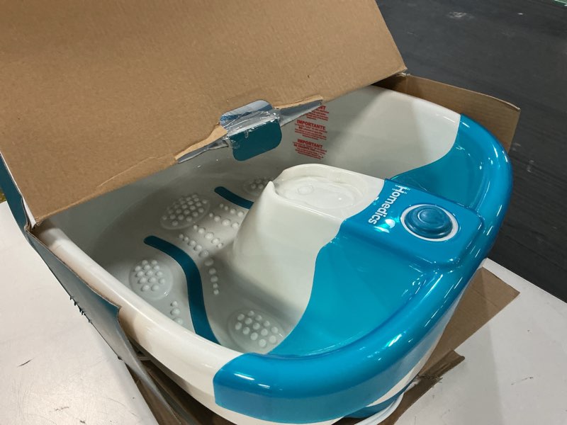 Condition photo showing Good Condition for homedics bubble mate foot spa, toe touch controlled foot bath with invigorating bubbles and splash proof, raised massage nodes and removable pumice stone