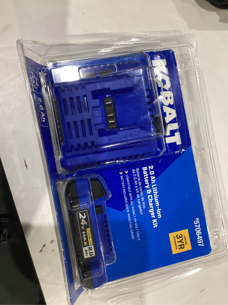Condition photo showing As Is for kobalt 24-volt max 2-pack 4 amp-hour lithium power tool battery kit (charger included)