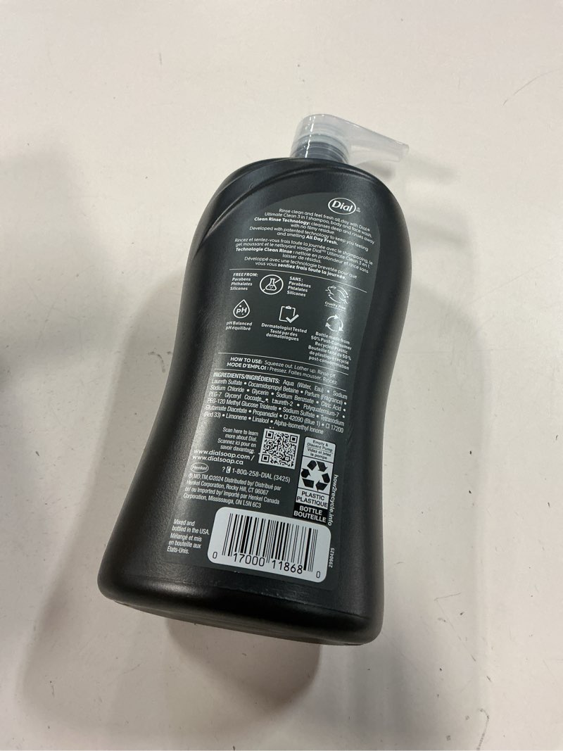 Condition photo showing New/Like New for dial men 3in1 body, hair and face wash, ultimate clean, 32 fl oz