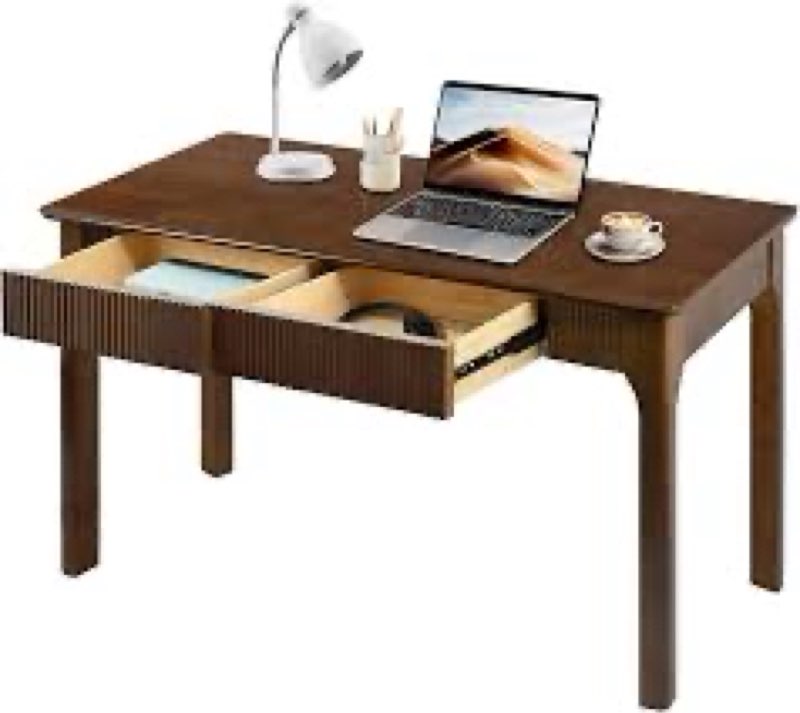 47.2\" Solid Wood Desk with 2 Drawers, Mid Century Modern Home Writing Office Wooden Desk Vintage Computer Table with Storage for Living Room, Bedroom, Fluted Design Brown (Walnut, 47.2 Inch)