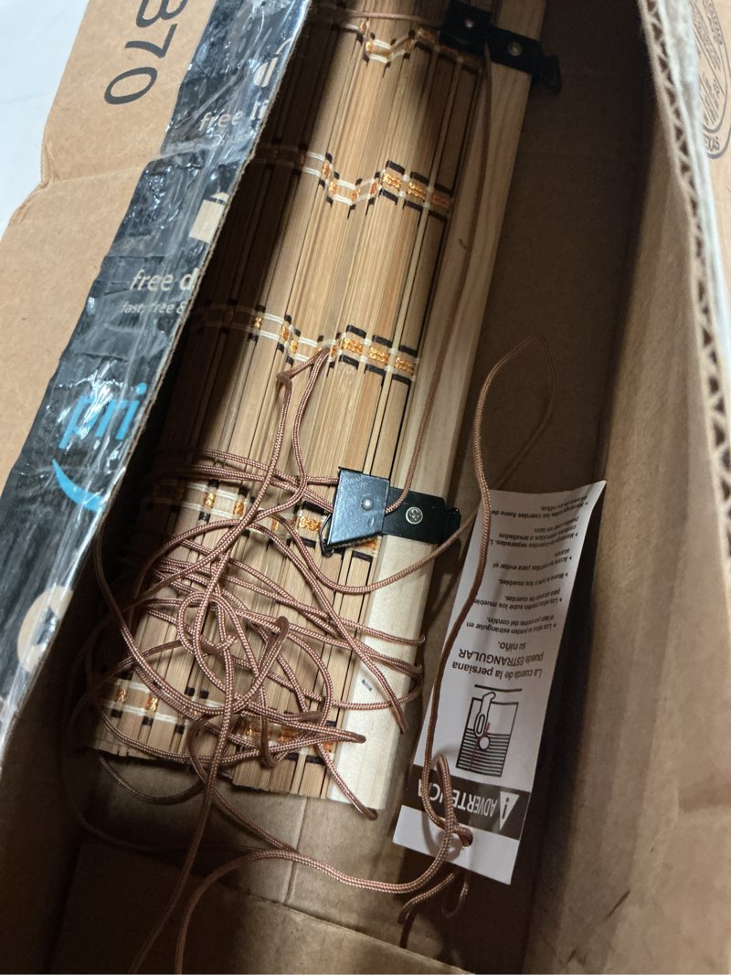 Condition photo showing As Is for similar bamboo blinds for interior windows, easy to install bamboo shades for indoor windows, custom roller shades for indoor window and outdoor patio, 23\" w x 48\" h bamboo carbonized broad 23\"w x 48\"h