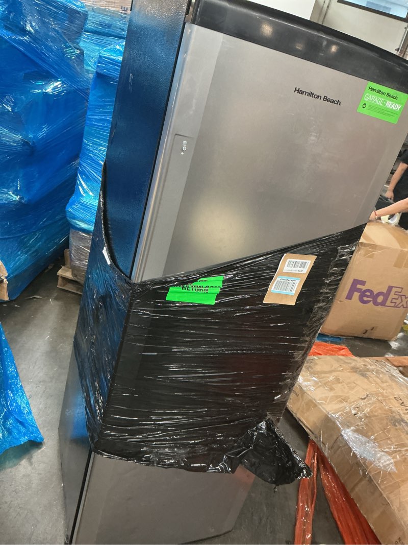 Condition photo showing As Is for hamilton beach upright freezer, deep freeze, stainless steel freezer with drawer compartments, 11 cu. ft. freezer – 25”d x 23.6”w x 66.5”h stainless 11 cu ft