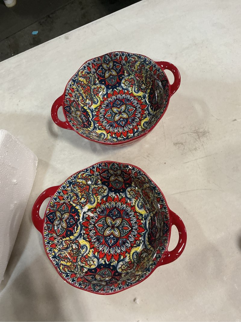 Condition photo showing Good Condition for 2 pack boho ceramic serving bowls with handles, 40 oz porcelain salad bowls, large serving dishes for entertaining, mixing bowls for soup, stew, pasta, cereal, colorful embossed cute bowls set sh red