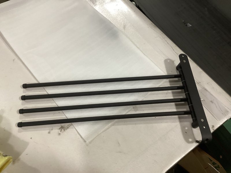 Condition photo showing As Is for NearMoon Swivel Towel Rack, 13.8" Thicken 304 Stainless Steel 4-Arm Towel Bar, Space Saving Wall Mounted Towel Holder with Hook, Rustproof Swing Out Towel Hanger for Bathroom, Kitchen (Matte Black) Matte Black 13.8 Inch