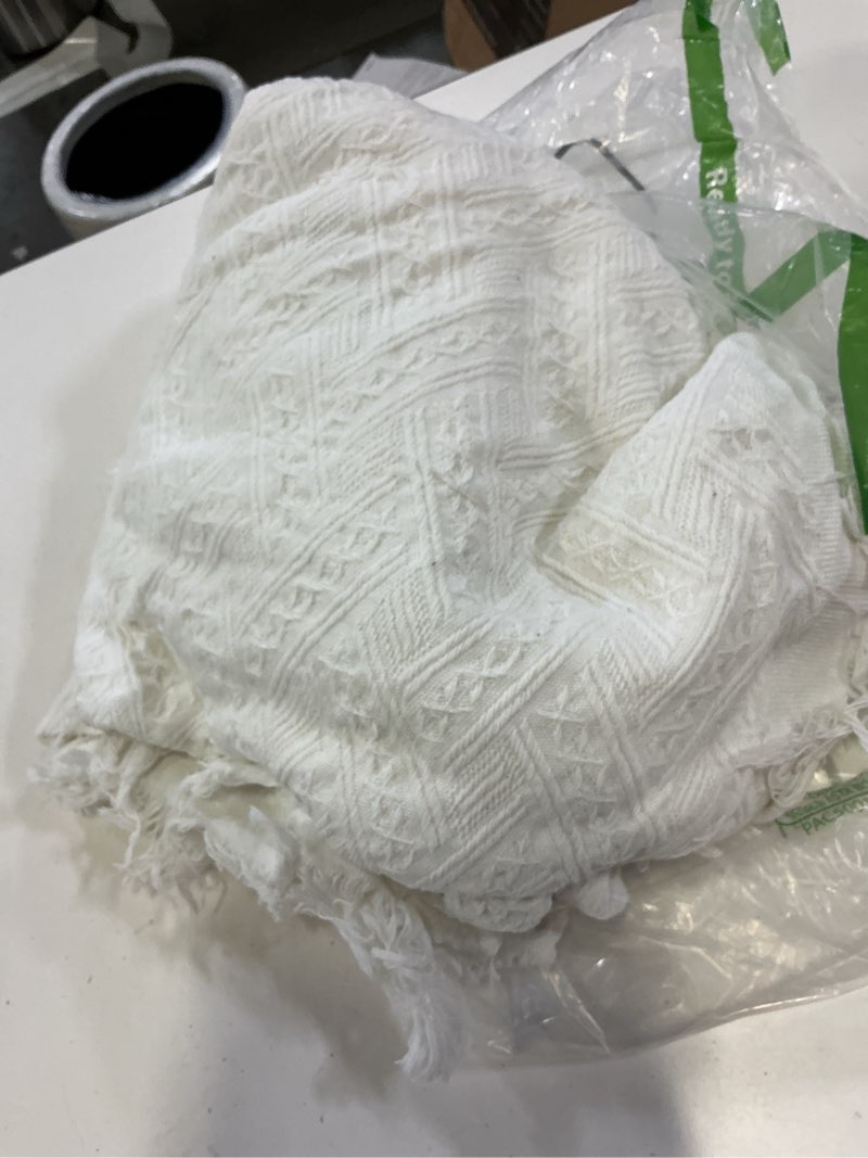 Condition photo showing As Is for hahafelt 91x 71 in extra large outdoor picnic blanket with waterproof mat oversize beach woven cotton yarn blanket with fringe machine sandproof for spring summer camping beach park(boho,white) white boho