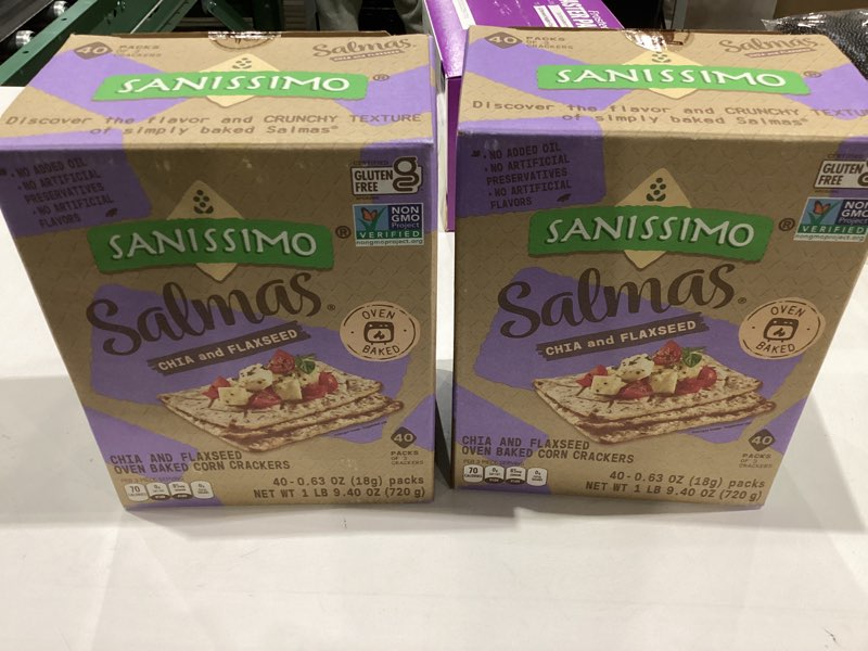 Condition photo showing New/Like New for Sanissimo Salmas Chia & Flaxseed, 40 Packs of 3 Crackers, Oven Baked Corn Crackers, Gluten Free, Non-GMO, Kosher Certified Chia & Flaxseed (40PK)
