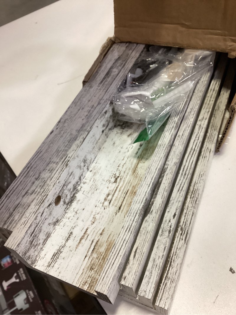 Condition photo showing Good Condition for Giftgarden 24 Inch Wall Mounted Floating Shelves Set of 5, Distressed White Wood Wall Shelves for Bathroom, Bedroom, Kitchen, Living Room Storage and Decoration, Rustic Wooden Picture Ledge
