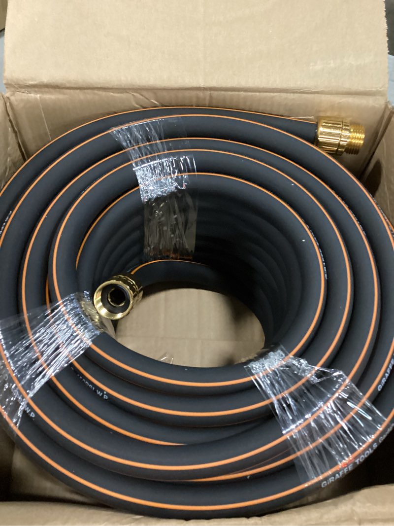 Condition photo showing Good Condition for giraffe tools garden hose 5/8" custom length, no kink, flexible, leakproof water hose, 600 burst psi, 100ft male female fittings,black orange