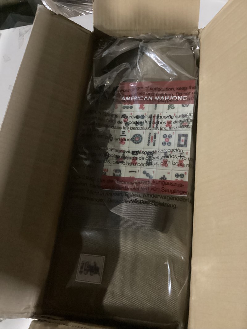 Condition photo showing New/Like New for yellow mountain imports american mahjong set, mojave (ivory) with brown soft case, all-in-one racks with pushers, wright patterson scoring coins, dice, & wind indicator