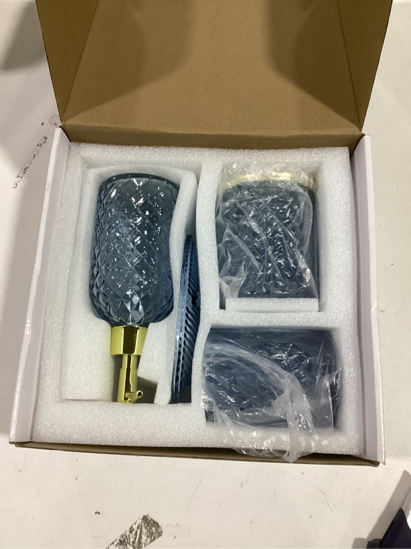 Condition photo showing As Is for Blue Bathroom Accessories Set, 4Pcs Glass Bathroom Accessory Set Complete w/Lotion Soap Dispenser, T