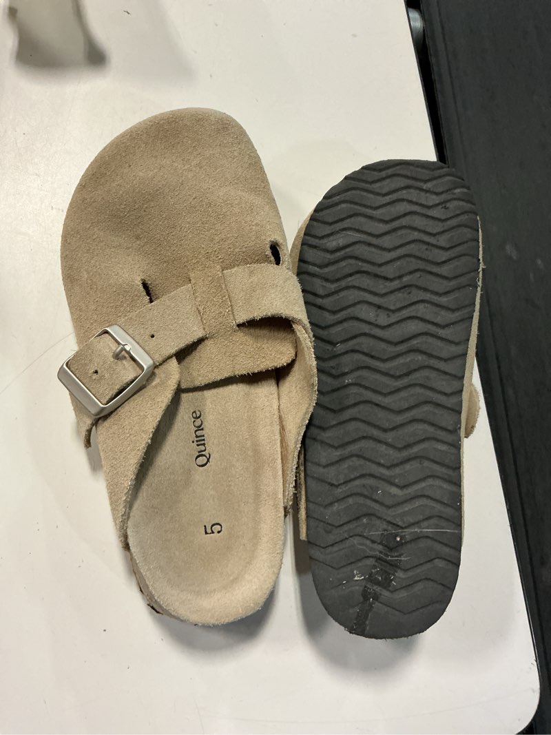 Condition photo showing As Is for water repellent suede clog mule size 5 dune