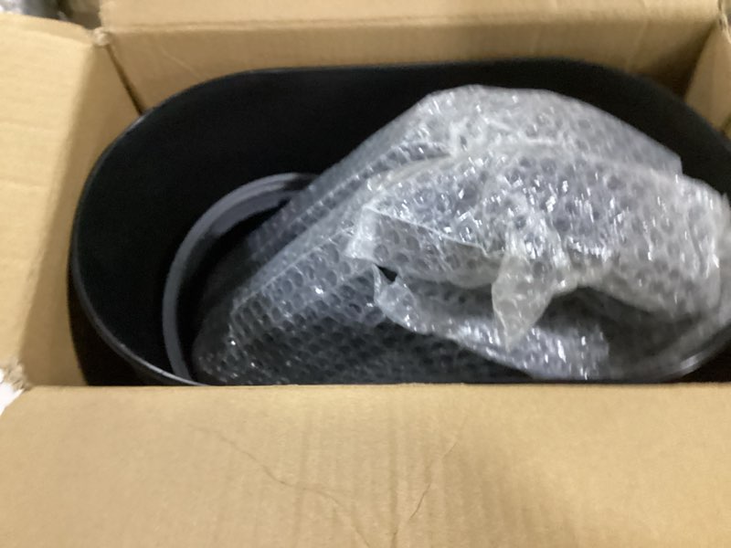 Condition photo showing As Is for 5 gallon bathroom trash can with lid, automatic motion sensor black trash can, touchless slim waterproof garbage bin for kitchen, bedroom, office, and bathroom 1p-5 gallon black