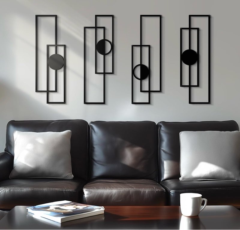 Abstract Black Metal Wall Art for Living Room, 4 Pack Large Wall Sculptures Minimalist Modern 3D Tex