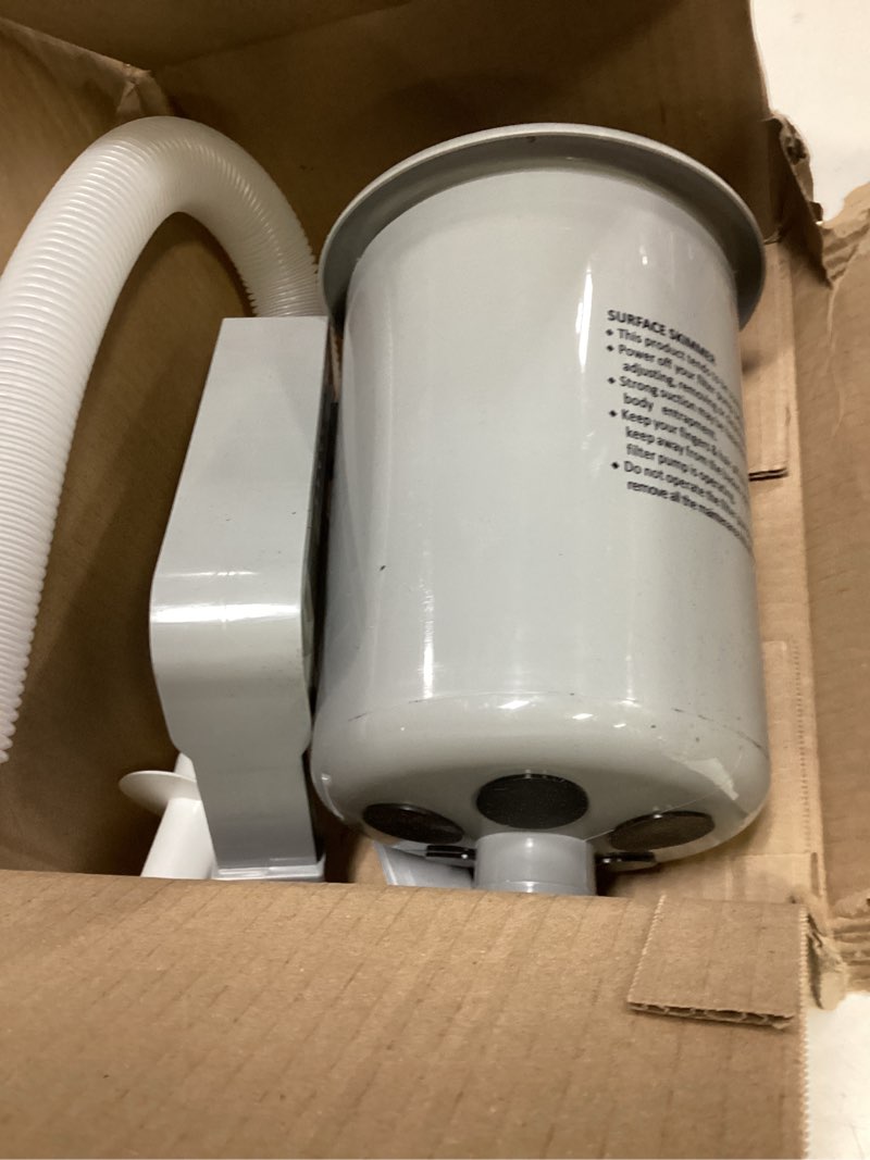 Condition photo showing As Is for above ground pool skimmer with 5 skimmer socks, wall mount surface skimmer with hose & basket, compatible with intex pools, adjustable floating filter, automatically removes leaves & debris