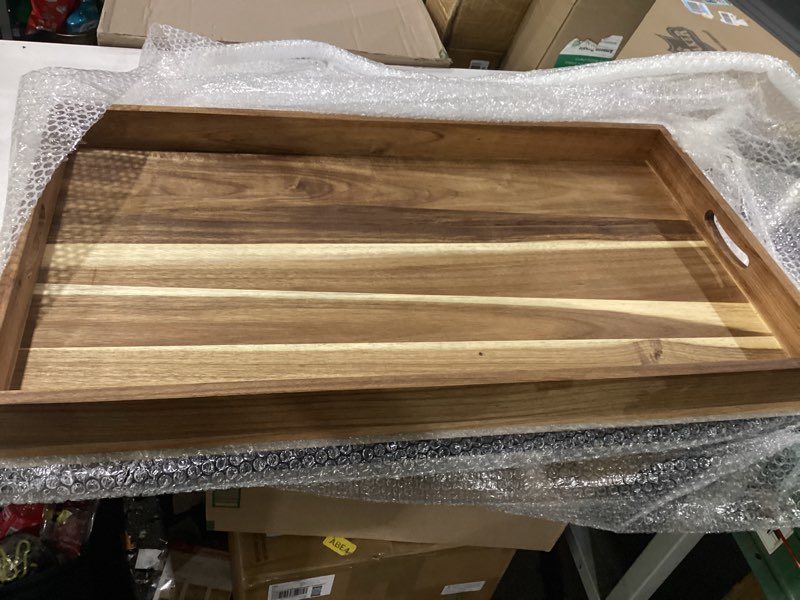 Condition photo showing Good Condition for *similar to stock* acacia wood serving tray with handles, rectangular wooden ottoman tray for coffee table, breakfast in bed, drinks, kitchen countertop and home decor serving tray 16.5\" x 11.4\" x 2\"
