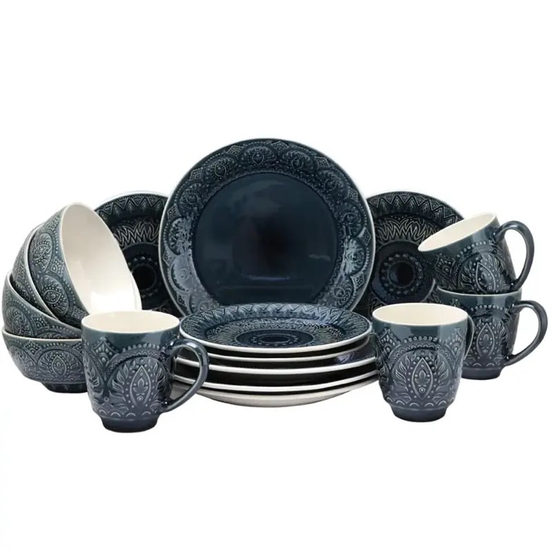 Elama - Petra 16 Piece Stoneware Dinnerware Set - Navy Blue 