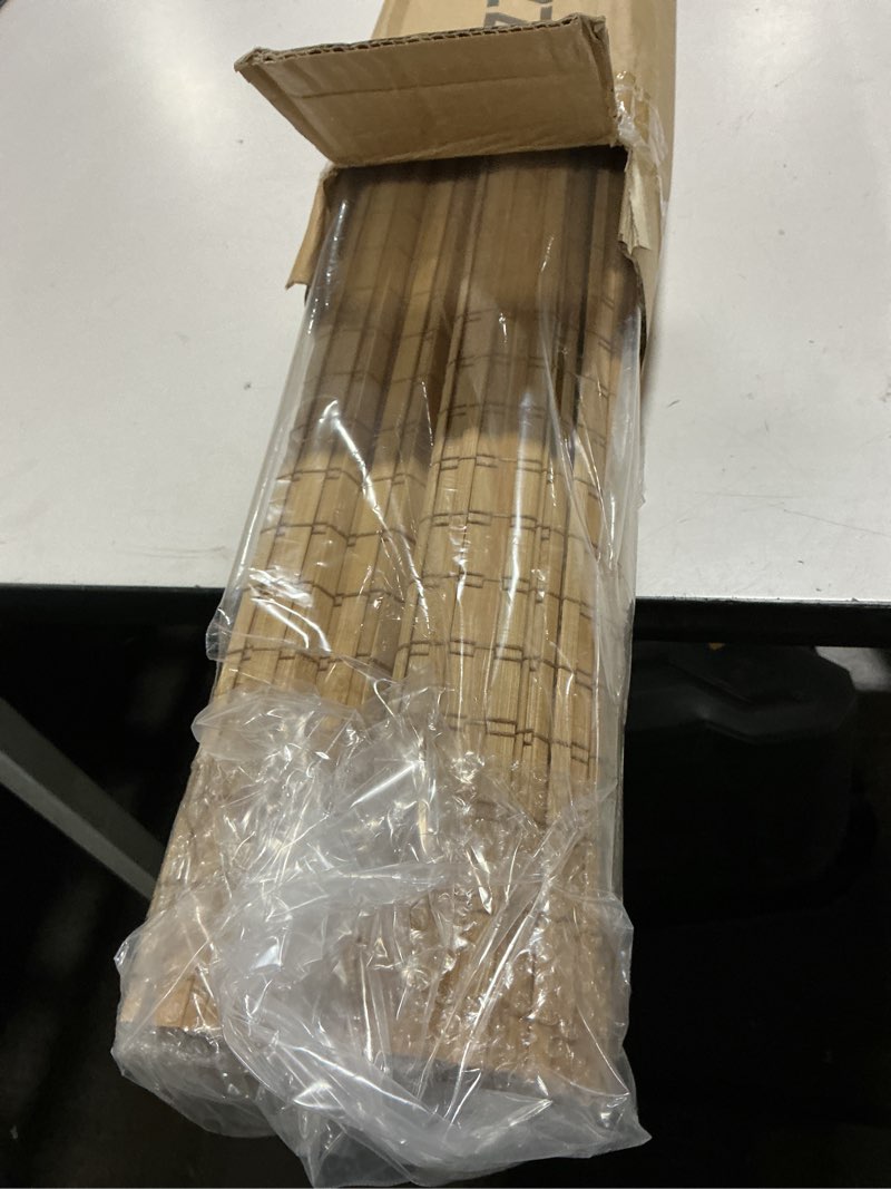 Condition photo showing Good Condition for Bamboo Roman Shades with Valance Cover, Cordless Blinds for Indoor Windows, Blackout Woven Wood Shades for Home & Patio, Privacy Protection, 38" W x 64" H, Carbonized Privacy-carbonized 38"W x 64"H