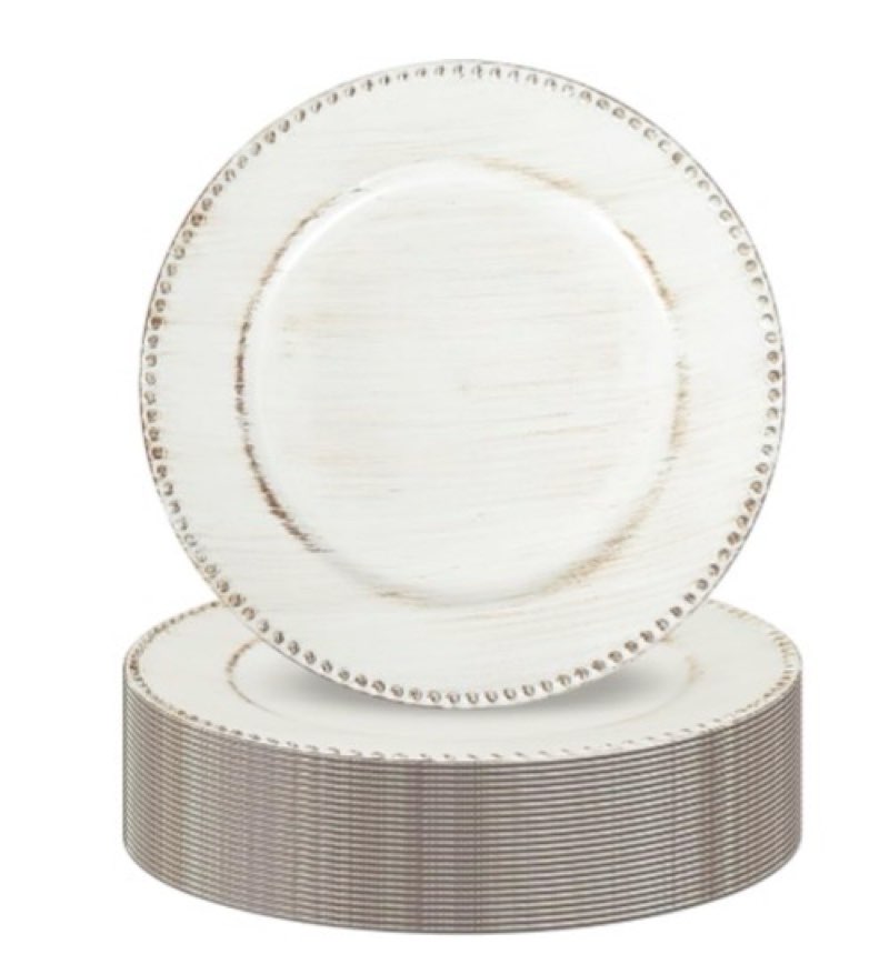 24 Pcs Vintage Charger Plates with Beaded 13 Inch Plastic Charger Plates for Dinner Plate, White Cha