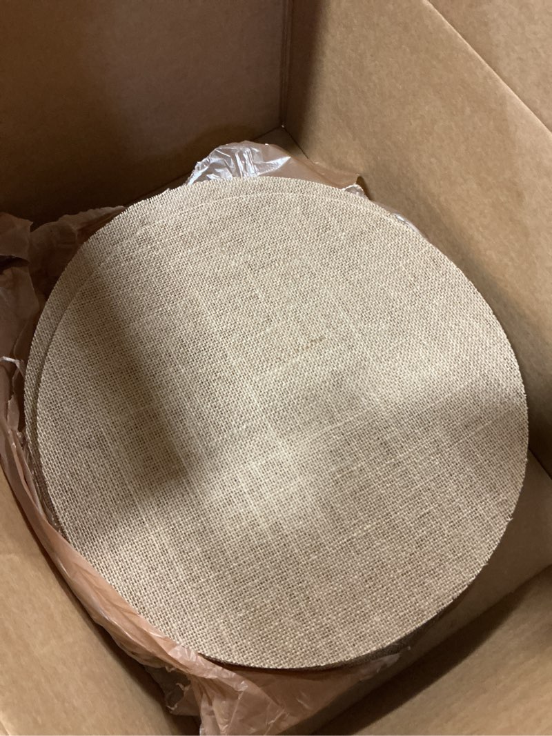 Condition photo showing Good Condition for Mifoci 100 Pieces Fall Burlap Placemats, Burlap Round Reusable Placemats Brown Table Mats Circle Rustic Table Decorations for Wedding Christmas Dinner Holiday Farmhouse Supplies(11.8 Inches)