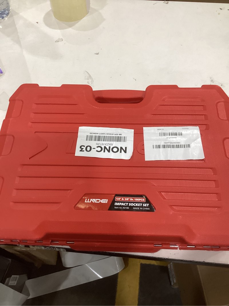 Condition photo showing New/Like New for LLNDEI 1/4 & 3/8 Inch Drive Impact Socket Set, 186 Pieces Metric and Standard Full Sockets, CR-V Deep & Shallow Sockets Tool Set with Ratchet Wrench Handle, Spark Plug Socket, Bits for Mechanic
