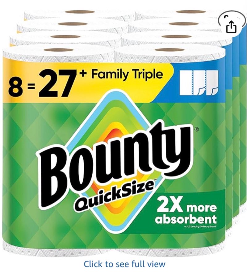 Bounty Quick-Size Paper Towels, White, 8 Family Triple Rolls = 27 Regular Rolls