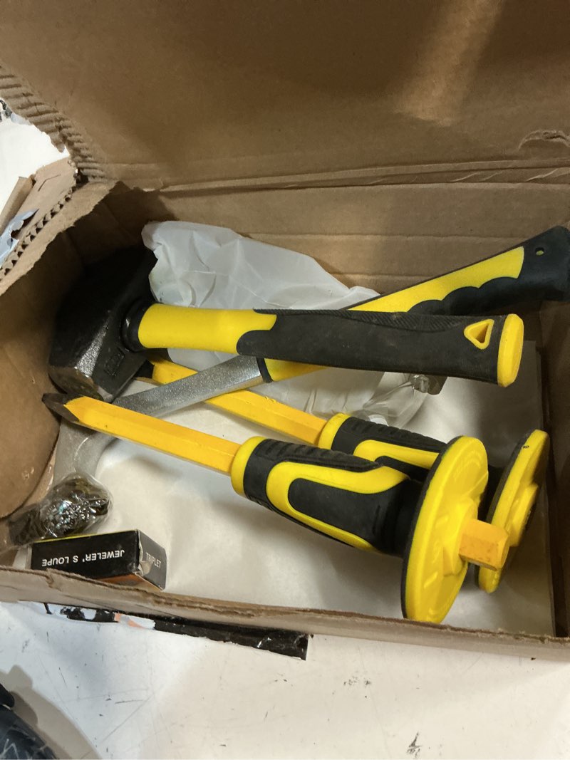 Condition photo showing As Is for incly 7 pcs geology rock pick equipment kit, 3lb sledge &32 oz rock hammer with 2pcs 12" mason concrete chisel.safety glasses, jewelers loupe, tool set for hounding, goldmining, stone breaking 7pcs rock pick equipment kit