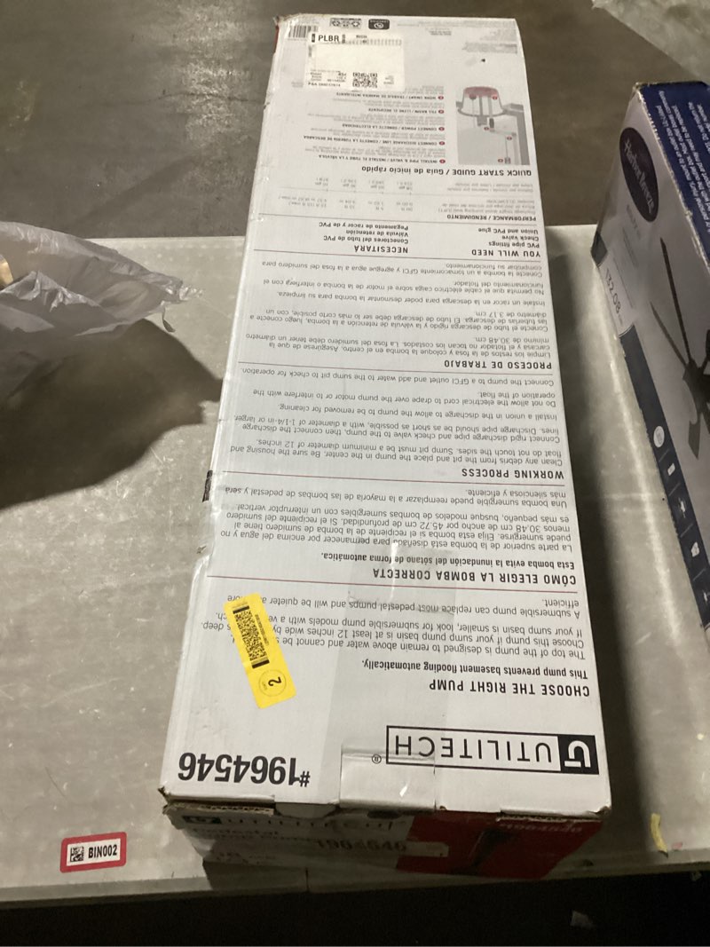 Condition photo showing As Is for utilitech 1/3-hp 115 -volt 58-gallon thermoplastic pedestal sump pump