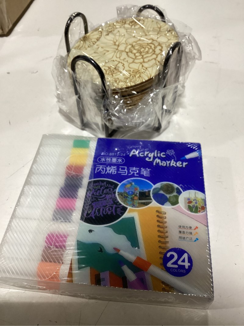 Condition photo showing New/Like New for Reallnaive 45 Pcs Flower Wooden Coasters Painting Kit, 4 Inch Paint Your Own Boho Coasters with Markers, Arts and Crafts for Adults Women Seniors Elderly Crafters Gifts