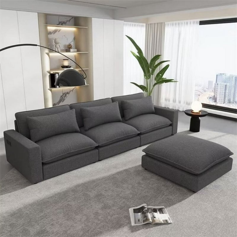 *incomplete* 119” Oversized Deep Sofa With Usb Charge Port, Large Upholstered Modern Couch With Tray Ottoman, Chenille L-Shape Sectional Sofa For Living Room Upholstery Color: Gray