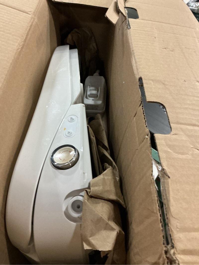 Condition photo showing As Is for bidet toilet seat elongated, electric heated seat with instant warm water, remote & side knob control, self-clean nozzle, soft close lid, night light, warm air dryer white